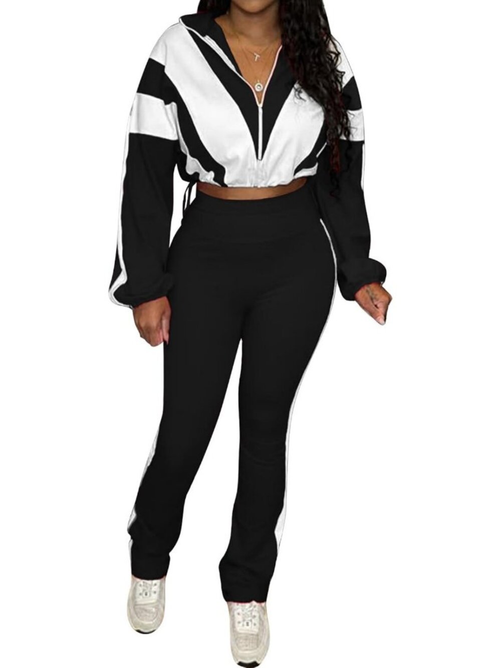 Chic Women's 2-Piece Tracksuit Set - Zip Cropped Jacket & Long Pants Outfit